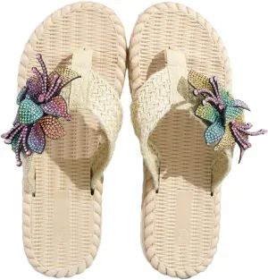 Women's Clip Toe Flat Sandals with Sparkling Multicolored Rhinestone Flower Decoration - Summer Comfortable Dressy Shoes Perfect for Casual and Daily Wear