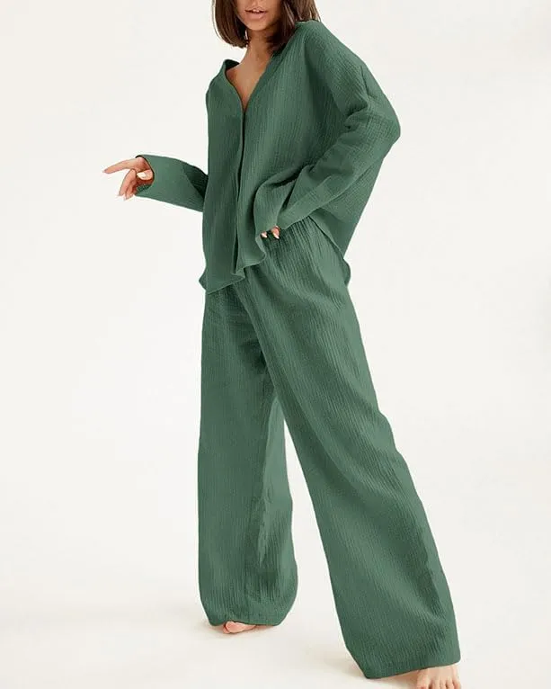 Womens Cotton Gauze Loungewear Sets Casual 2 Piece Sleepwear Button Down Shirt and Wide Leg Pants Outfits