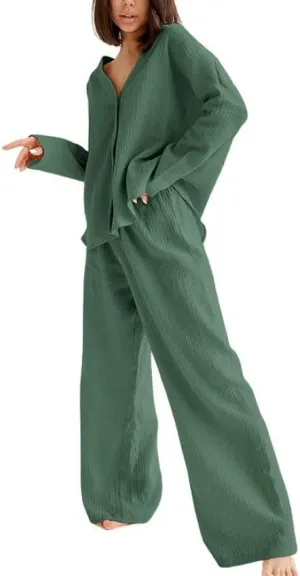 Womens Cotton Gauze Loungewear Sets Casual 2 Piece Sleepwear Button Down Shirt and Wide Leg Pants Outfits