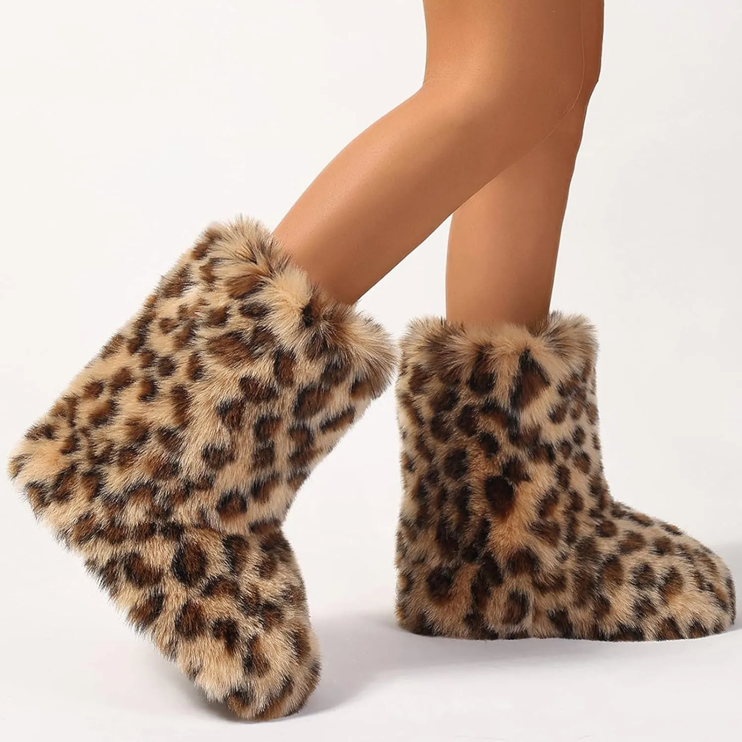 Women's Faux Fur Snow Boots Furry Cute Mid Calf Boots Winter Warm Leopard Boots Comfortable Outdoor Multicolor Flat Shoes