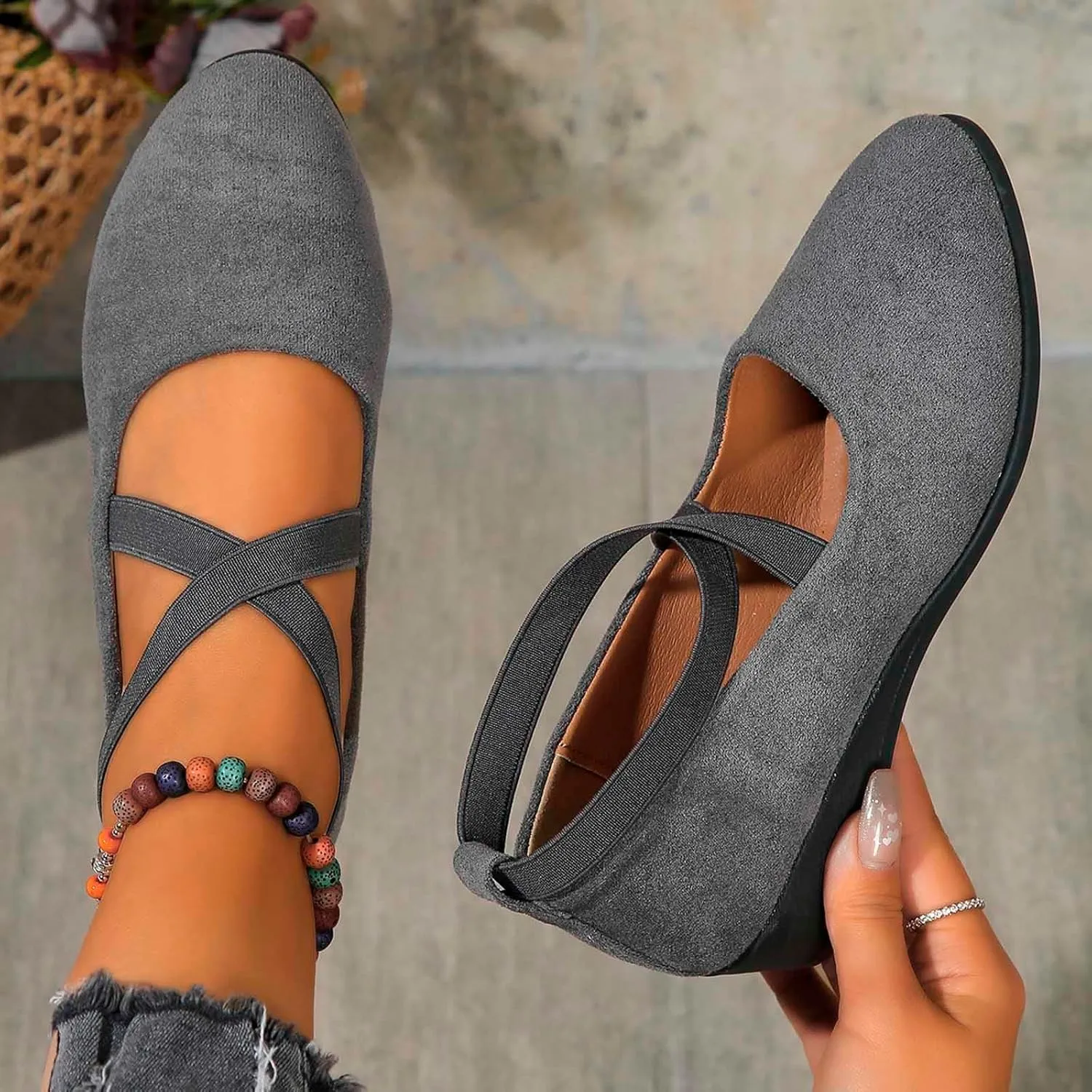Womens Flats Comfortable Shoes Crisscross Elastic Ankle Straps Closed Toe Dressy Fashion Casual Ballet Office Flats Shoes