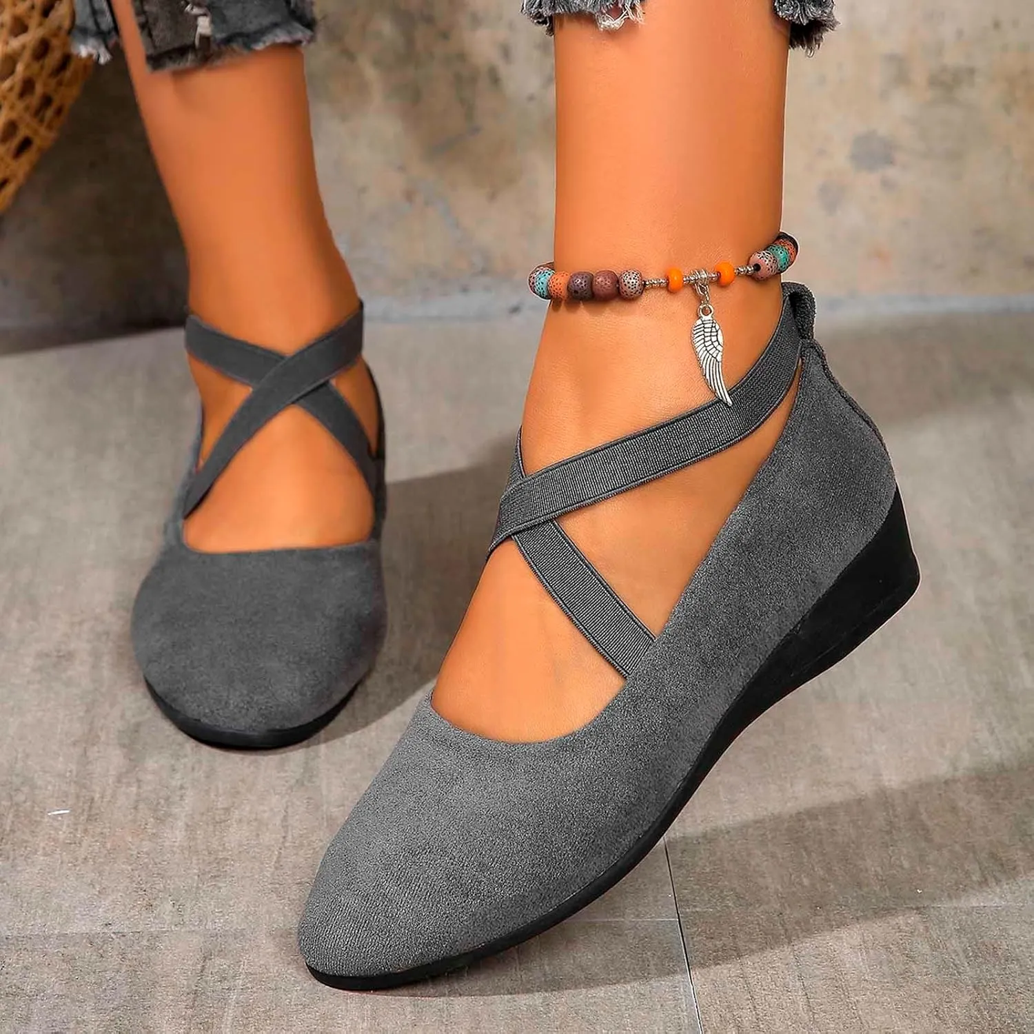 Womens Flats Comfortable Shoes Crisscross Elastic Ankle Straps Closed Toe Dressy Fashion Casual Ballet Office Flats Shoes