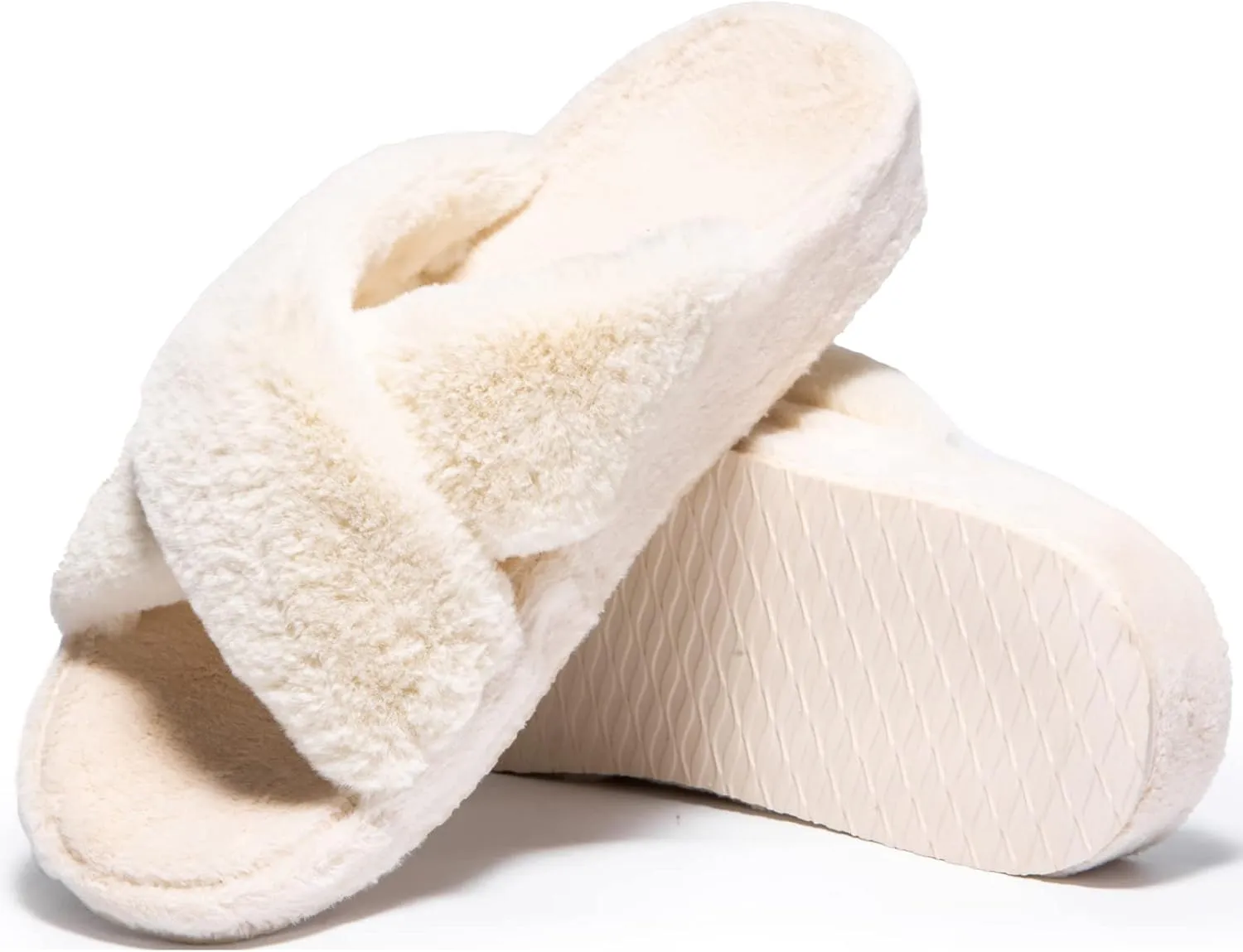 Womens Fuzzy Cross Band Slippers with Orthotic Insole Arch Support, Comfortable Spa Plush House Slippers for Plantar Fasciitis, Foot and Heel Pain, Recovery Slippers for Women