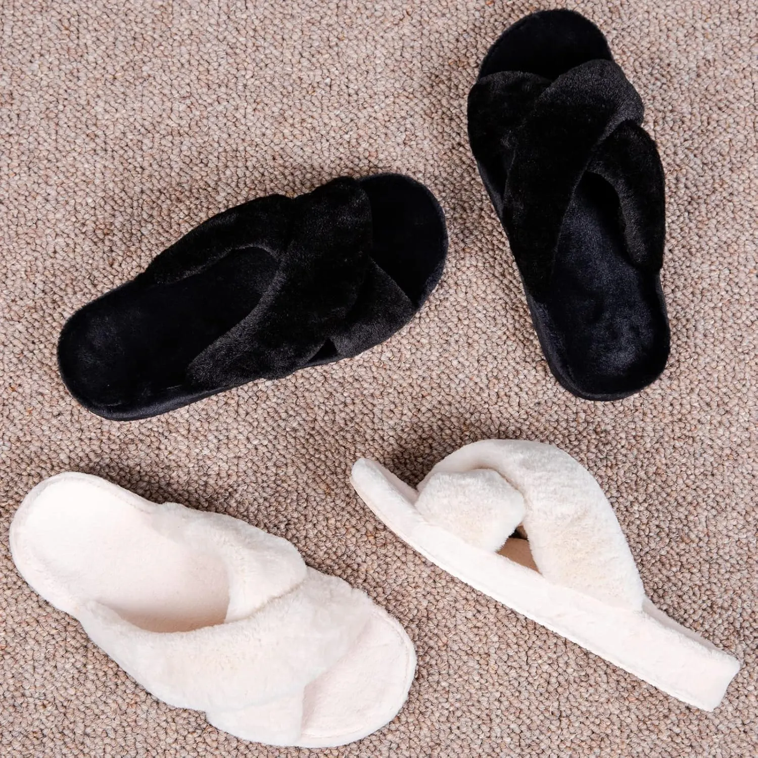Womens Fuzzy Cross Band Slippers with Orthotic Insole Arch Support, Comfortable Spa Plush House Slippers for Plantar Fasciitis, Foot and Heel Pain, Recovery Slippers for Women