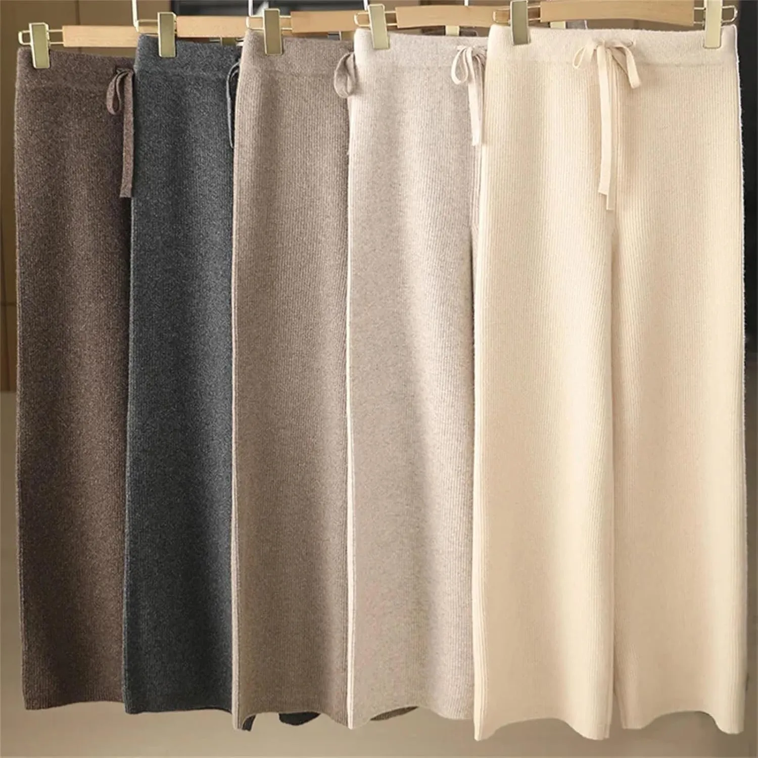 Women's Knitted Warm Stripe Wide-Leg Trousers Classic Drawstring Lace Up Solid Pants