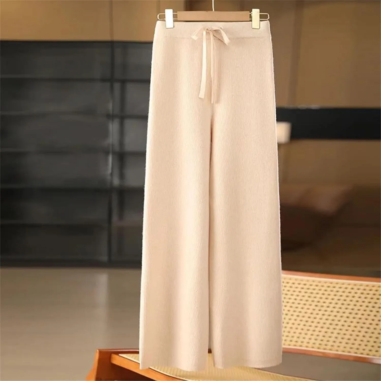 Women's Knitted Warm Stripe Wide-Leg Trousers Classic Drawstring Lace Up Solid Pants