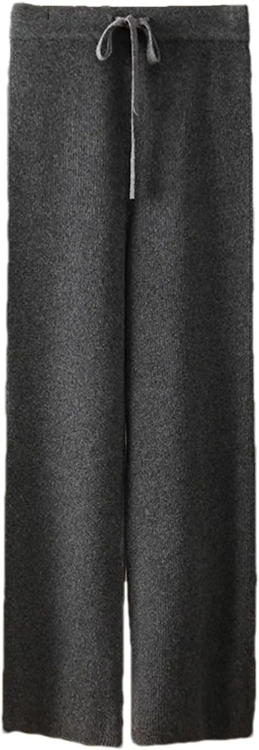 Women's Knitted Warm Stripe Wide-Leg Trousers Classic Drawstring Lace Up Solid Pants
