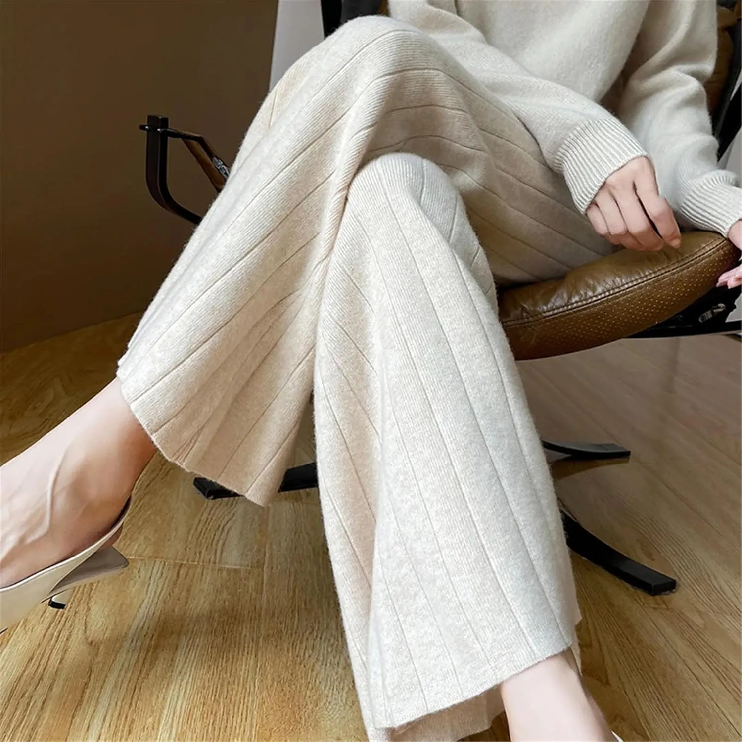 Women's Knitted Wide Leg Wool Long Pants Classic Pleated Slit Drawstring Lace Up Trousers