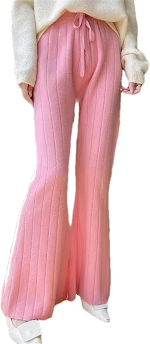 Women's Knitted Wide Leg Wool Long Pants Classic Pleated Slit Drawstring Lace Up Trousers