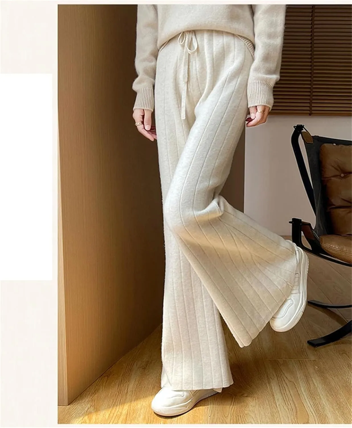 Women's Knitted Wide Leg Wool Long Pants Classic Pleated Slit Drawstring Lace Up Trousers