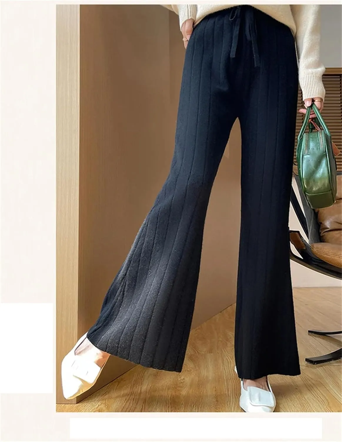 Women's Knitted Wide Leg Wool Long Pants Classic Pleated Slit Drawstring Lace Up Trousers