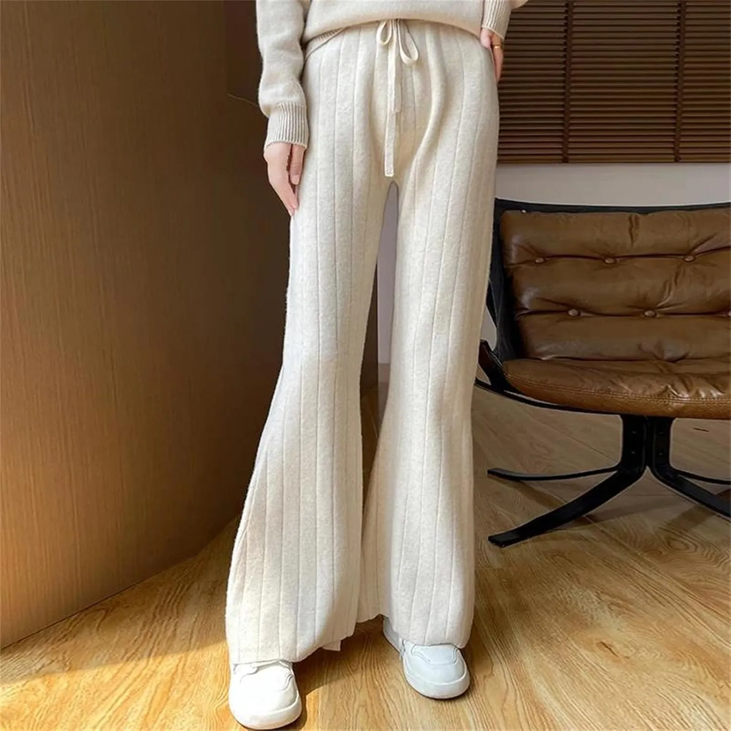 Women's Knitted Wide Leg Wool Long Pants Classic Pleated Slit Drawstring Lace Up Trousers