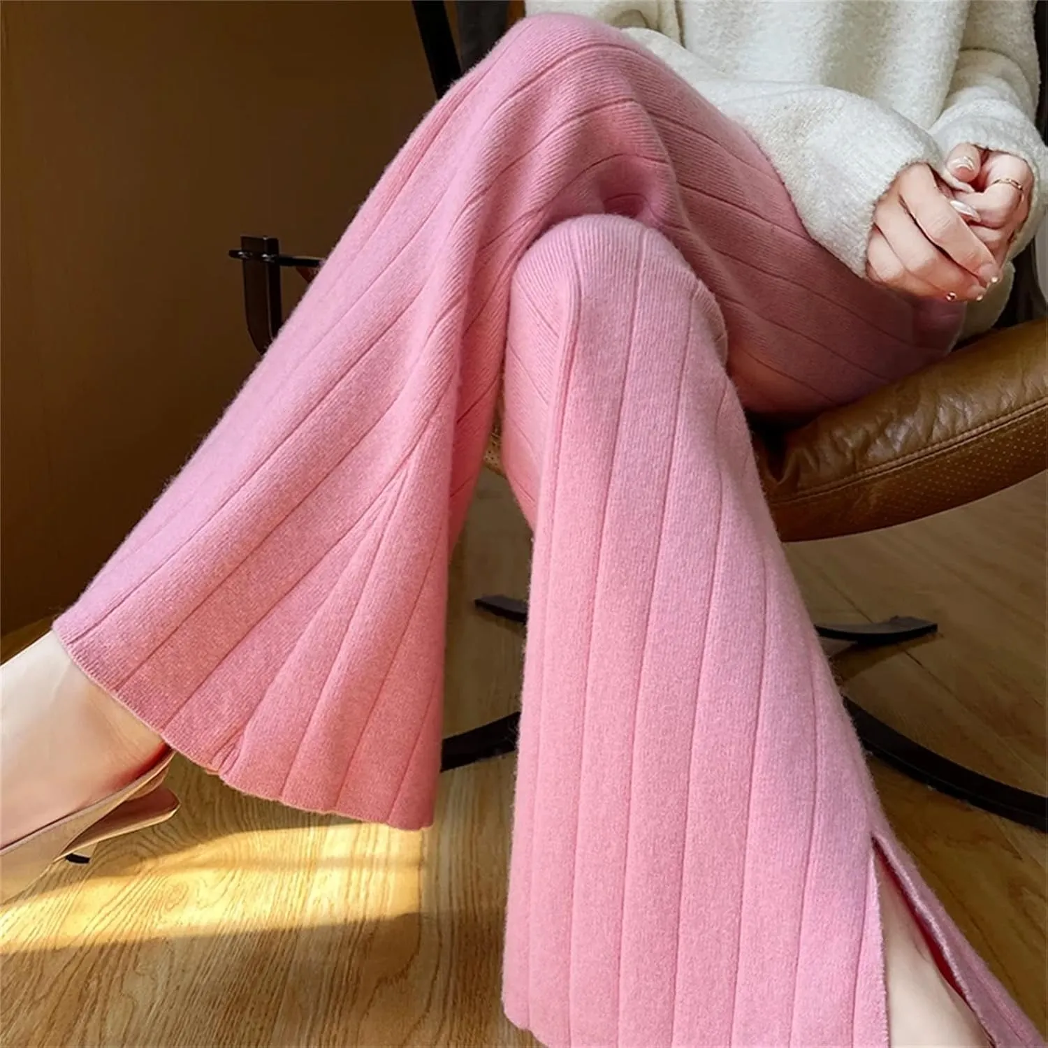 Women's Knitted Wide Leg Wool Long Pants Classic Pleated Slit Drawstring Lace Up Trousers