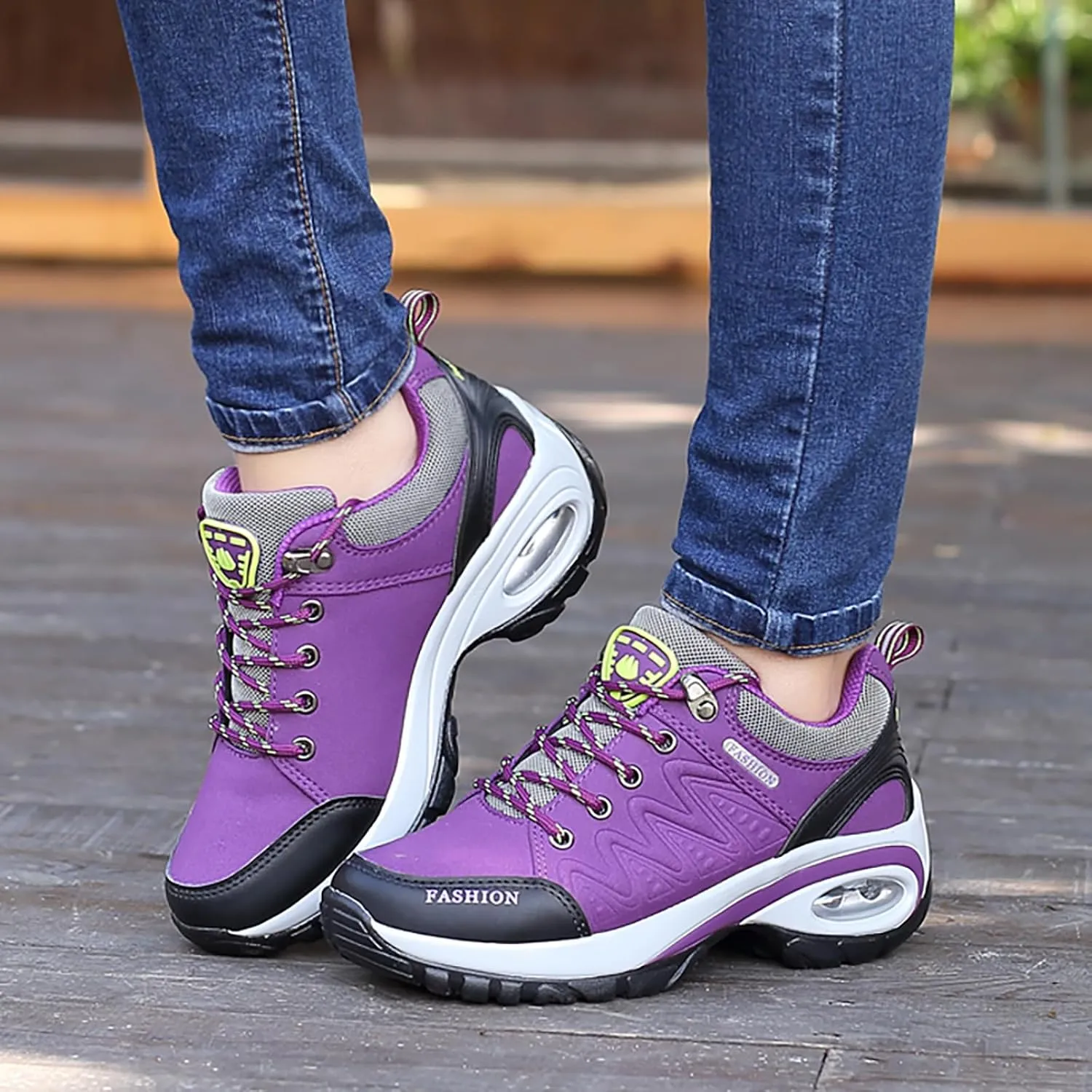 Women's Leather Lace Up Air Cushion Orthopedic Hiking Shoes Lightweight Comfortable Waterproof Arch Support Platform Outdoors Casual Walking Sneakers for Trekking Camping Tennis