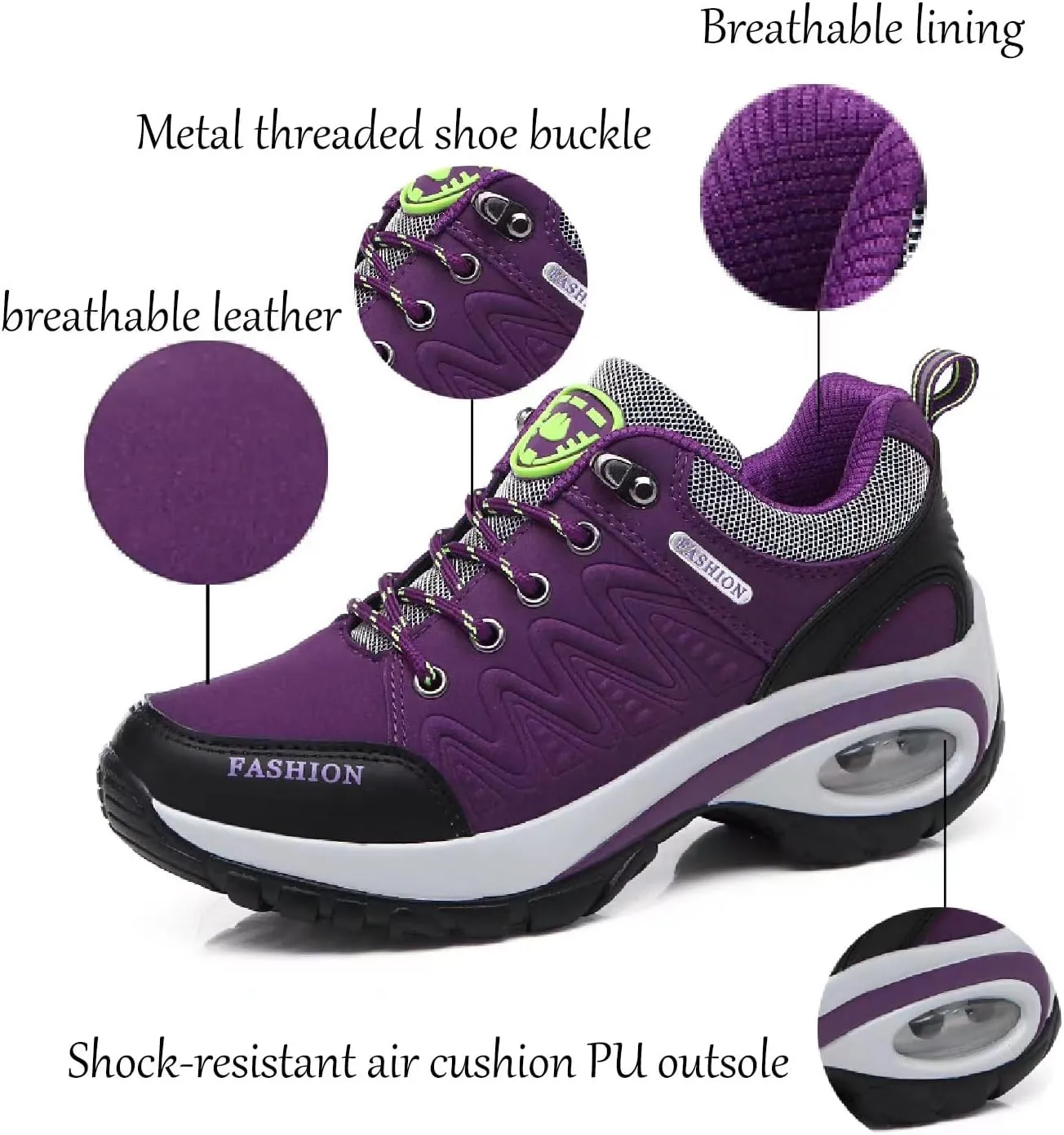 Women's Leather Lace Up Air Cushion Orthopedic Hiking Shoes Lightweight Comfortable Waterproof Arch Support Platform Outdoors Casual Walking Sneakers for Trekking Camping Tennis