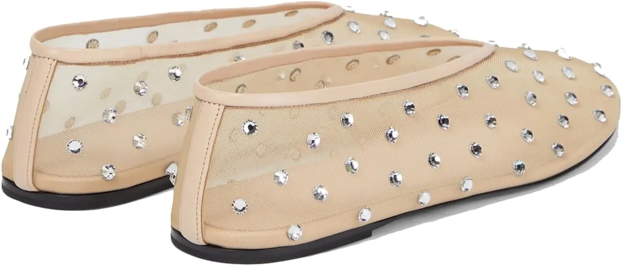 Women's Mesh Ballet Flat Shoes with Glitter Rhinestone Crystal Ballerina Flats Closed Square Toe Comfortable Casual Dress Mary Jane Shoes Ladies