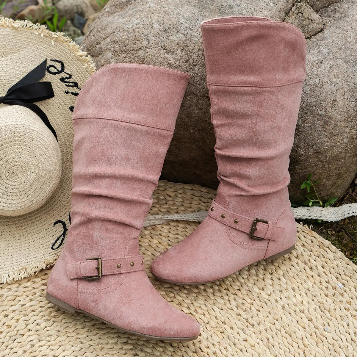 Women's Mid Calf Suede Boots - Flat Slouchy Boots with Studded Locking Straps & Side Zipper, Comfortable No Heel for Fall