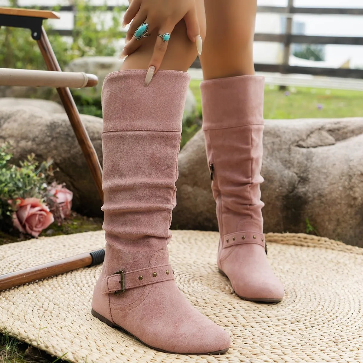 Women's Mid Calf Suede Boots - Flat Slouchy Boots with Studded Locking Straps & Side Zipper, Comfortable No Heel for Fall