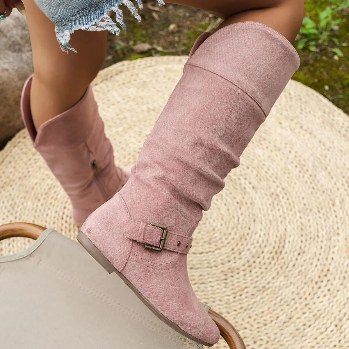 Women's Mid Calf Suede Boots - Flat Slouchy Boots with Studded Locking Straps & Side Zipper, Comfortable No Heel for Fall
