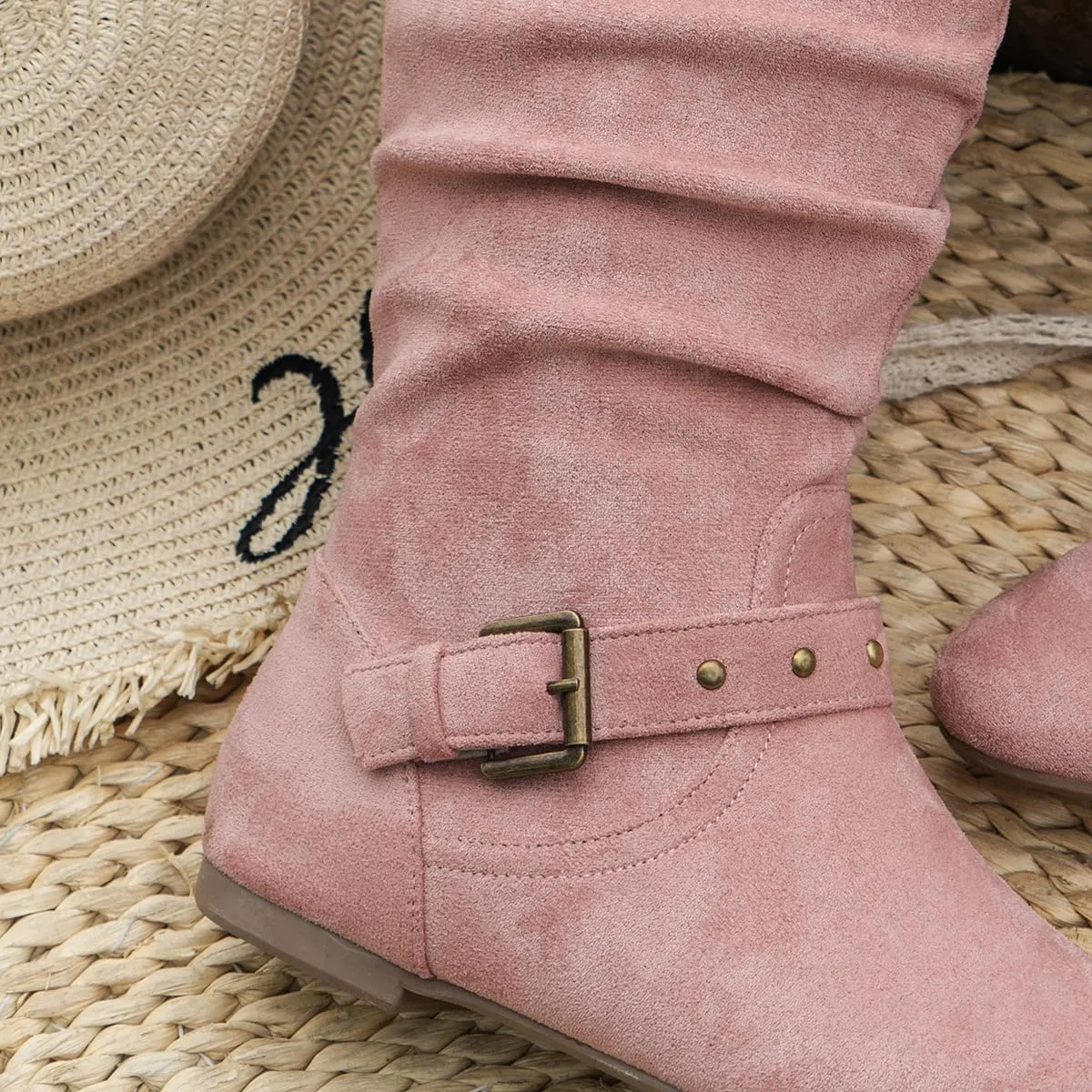Women's Mid Calf Suede Boots - Flat Slouchy Boots with Studded Locking Straps & Side Zipper, Comfortable No Heel for Fall