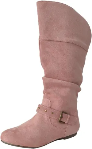 Women's Mid Calf Suede Boots - Flat Slouchy Boots with Studded Locking Straps & Side Zipper, Comfortable No Heel for Fall