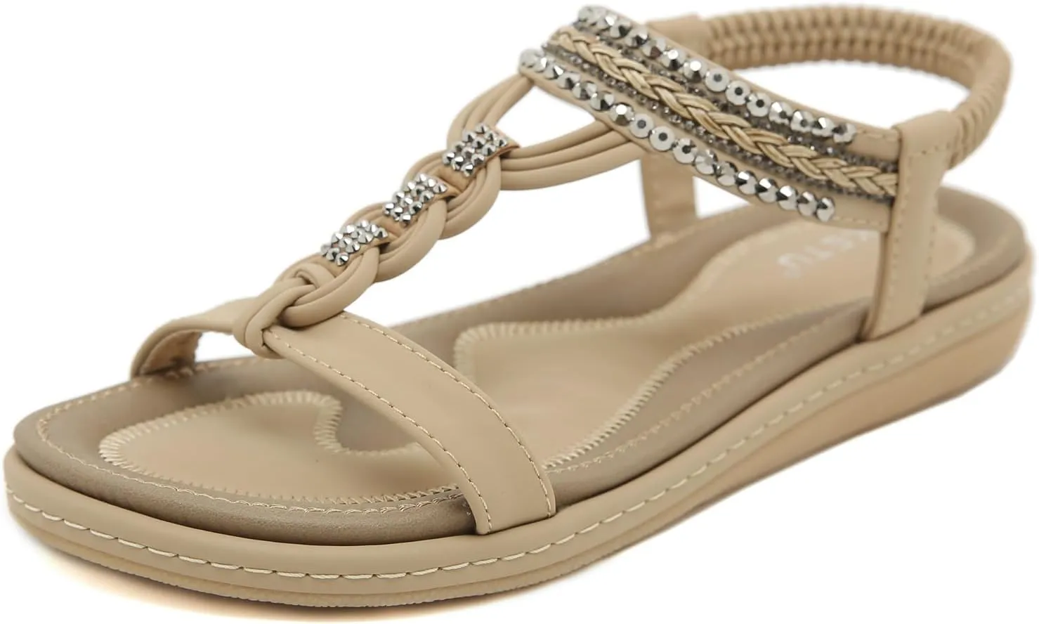 Women's Open Toe Bling Rhinestone Flat Sandals Elastic Ankle Strap Comfortable Slip On Summer Walking Shoes Fashion Bohemian Beach Sandals