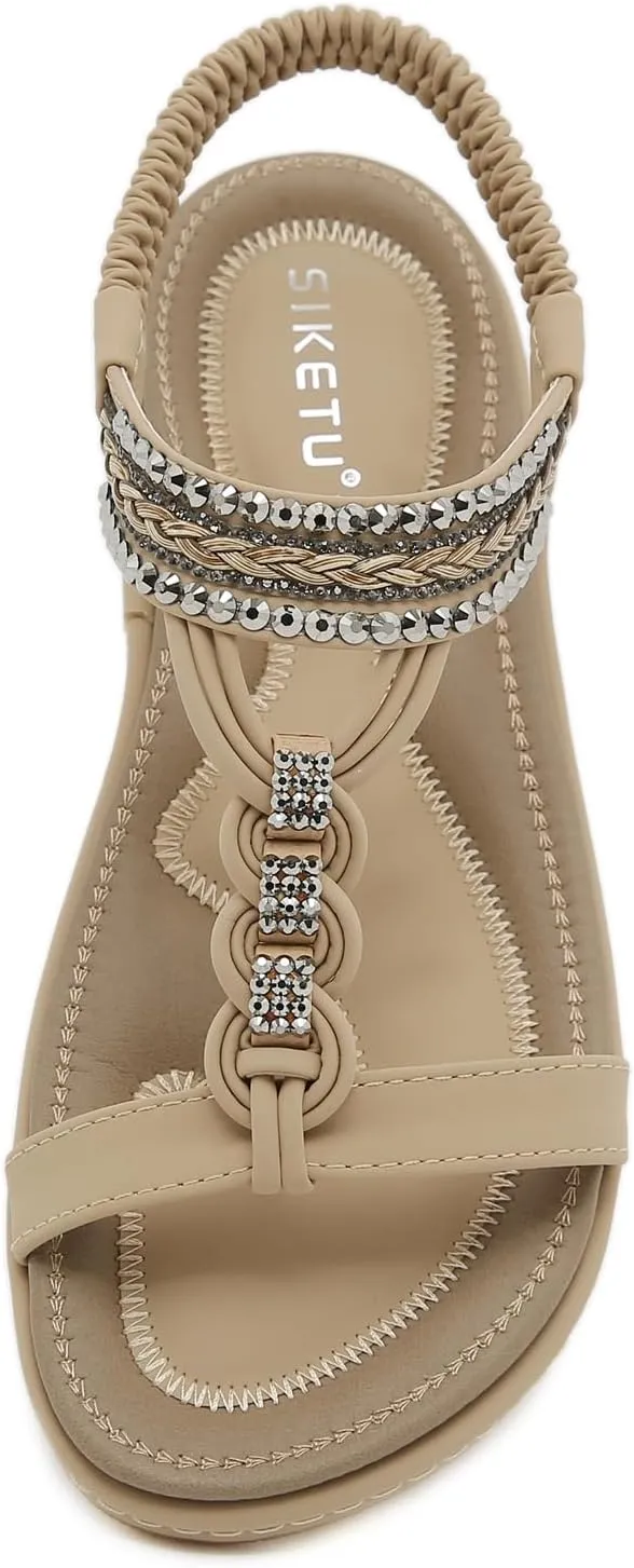 Women's Open Toe Bling Rhinestone Flat Sandals Elastic Ankle Strap Comfortable Slip On Summer Walking Shoes Fashion Bohemian Beach Sandals