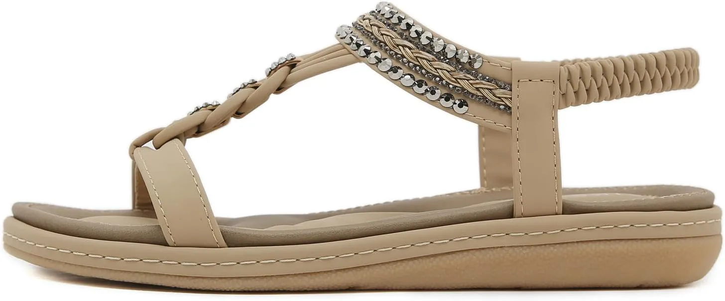 Women's Open Toe Bling Rhinestone Flat Sandals Elastic Ankle Strap Comfortable Slip On Summer Walking Shoes Fashion Bohemian Beach Sandals