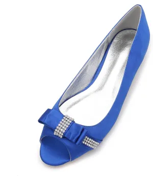 Women's Peep Toe Satin Wedding Flats for Bride Comfortable Bow Rhinestones Bridal Shoes Formal Slip on Flats Ballet Flats