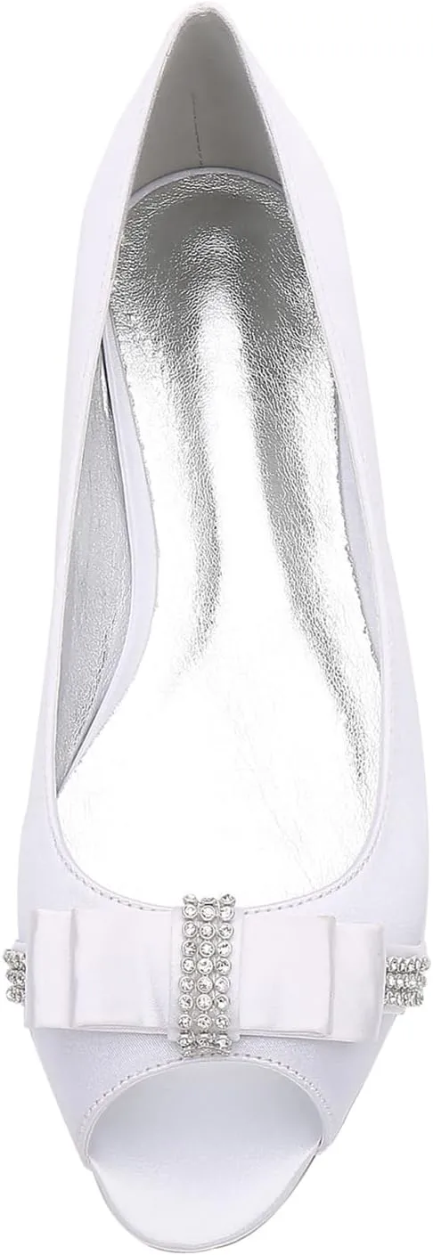 Women's Peep Toe Satin Wedding Flats for Bride Comfortable Bow Rhinestones Bridal Shoes Formal Slip on Flats Ballet Flats