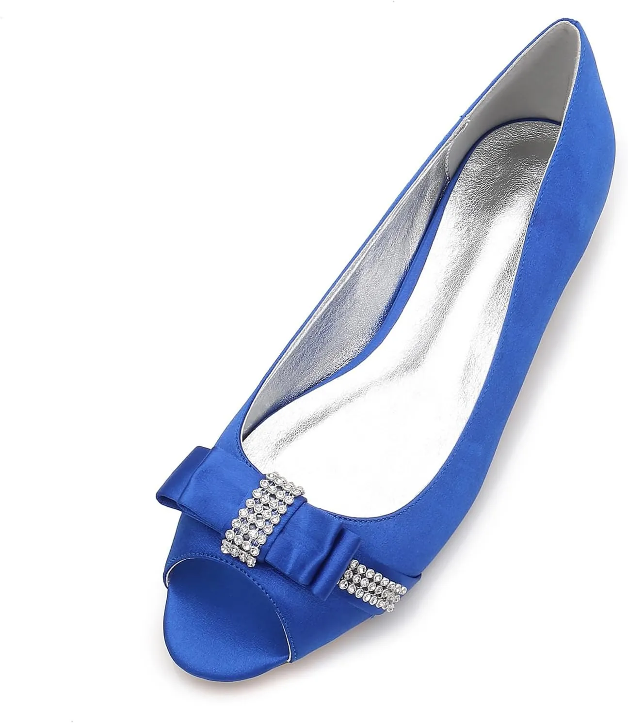 Women's Peep Toe Satin Wedding Flats for Bride Comfortable Bow Rhinestones Bridal Shoes Formal Slip on Flats Ballet Flats