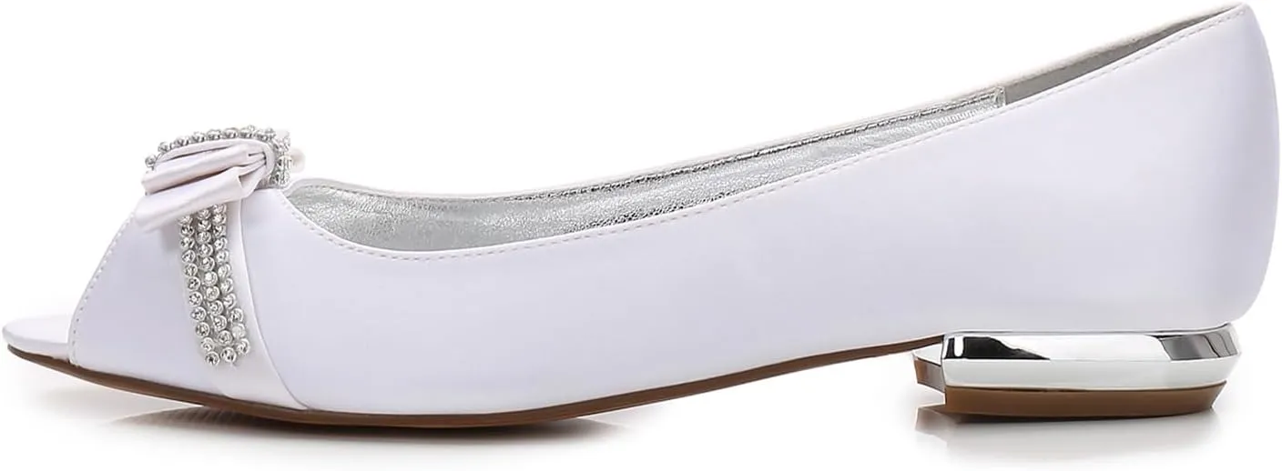 Women's Peep Toe Satin Wedding Flats for Bride Comfortable Bow Rhinestones Bridal Shoes Formal Slip on Flats Ballet Flats