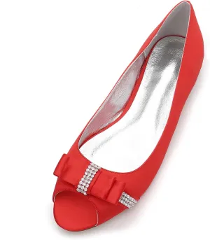 Women's Peep Toe Satin Wedding Flats for Bride Comfortable Bow Rhinestones Bridal Shoes Formal Slip on Flats Ballet Flats