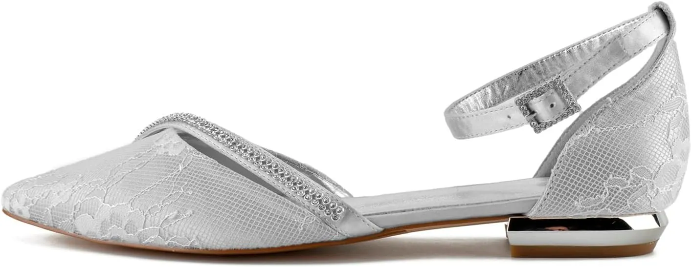 Women's Pointed Toe Wedding Flats for Bride Comfortable Lace Wedding Shoes Low Heels Crystal Strap Bridal Flats