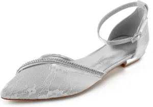 Women's Pointed Toe Wedding Flats for Bride Comfortable Lace Wedding Shoes Low Heels Crystal Strap Bridal Flats