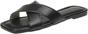 Womens Sandals Comfortable Wide Leather Crisscross Summer Square Toe Flat Slide Sandals