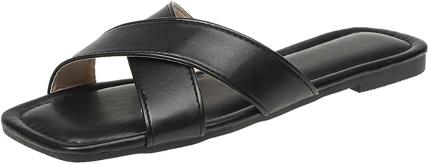 Womens Sandals Comfortable Wide Leather Crisscross Summer Square Toe Flat Slide Sandals