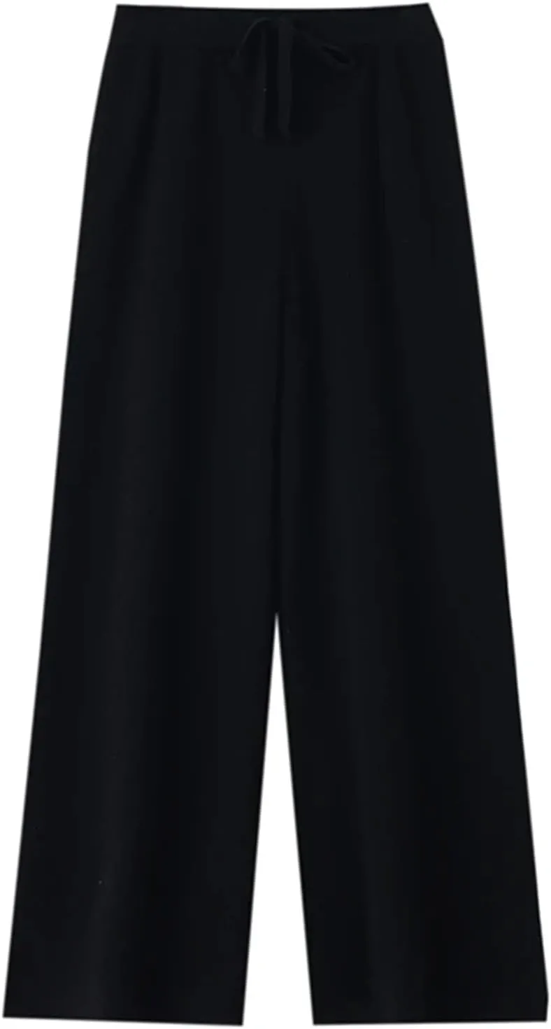 Women's Solid Color Knitted Wool Trousers Classic Warm Drawstring Lace-Up Wide-Leg Pants