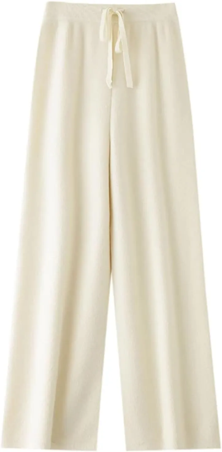 Women's Solid Color Knitted Wool Trousers Classic Warm Drawstring Lace-Up Wide-Leg Pants