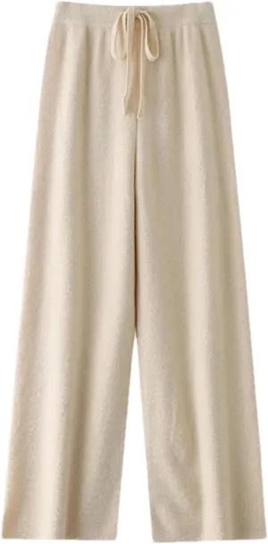 Women's Solid Color Knitted Wool Trousers Classic Warm Drawstring Lace-Up Wide-Leg Pants