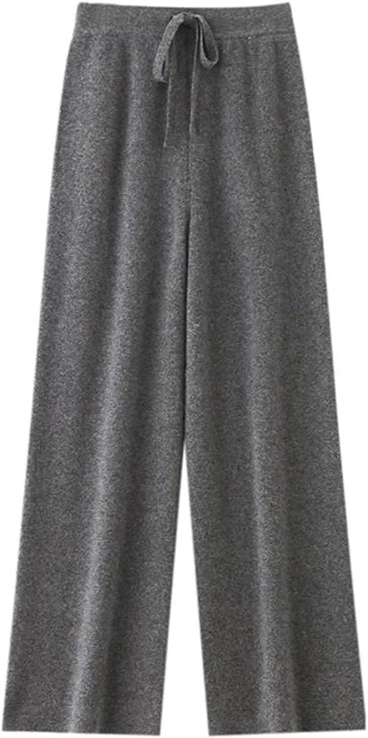 Women's Solid Color Knitted Wool Trousers Classic Warm Drawstring Lace-Up Wide-Leg Pants