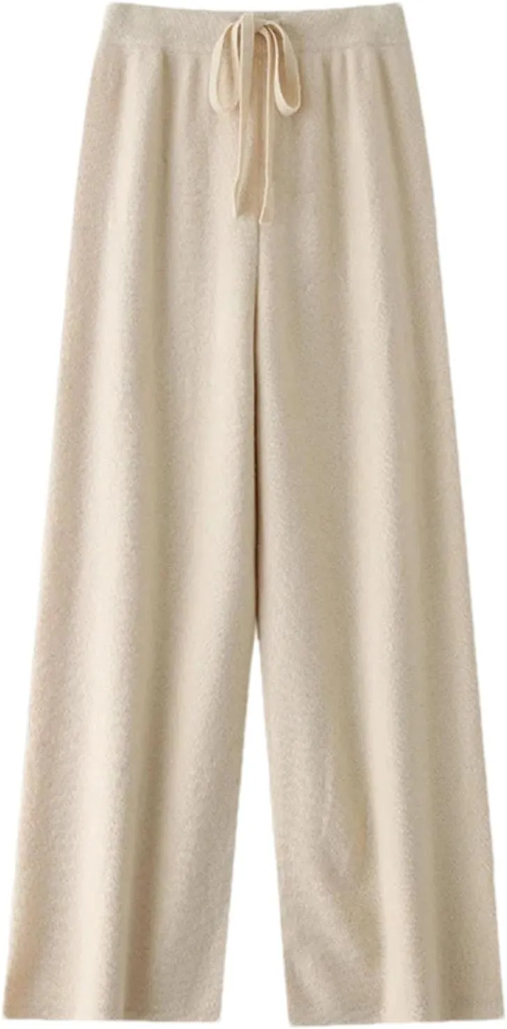 Women's Solid Color Knitted Wool Trousers Classic Warm Drawstring Lace-Up Wide-Leg Pants