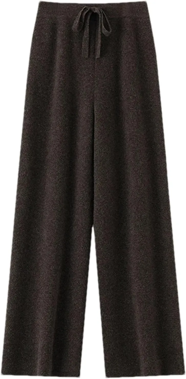 Women's Solid Color Knitted Wool Trousers Classic Warm Drawstring Lace-Up Wide-Leg Pants