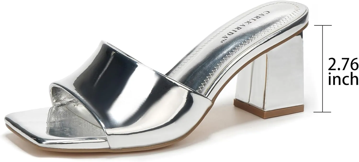 Women's Square Open Toe Heeled Sandals Glossy Material Mules Slip On Low Block Chunky Heeled Sandal on Comfortable Casual Dress Pumps Shoes with Sense of Luxury