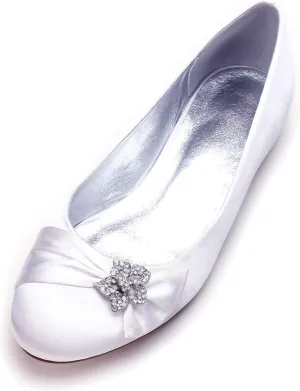 Womens Wedding Satin Pumps Ladies Flat Bridal Slip on Shoes Rhinestone Ballet Ballerina Shoes