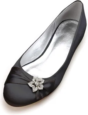 Womens Wedding Satin Pumps Ladies Flat Bridal Slip on Shoes Rhinestone Ballet Ballerina Shoes