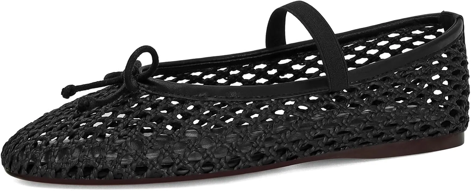 Woven Ballet Flats for Women Cute Raffia Mary Janes Bow Elastic Strap Summer Straw Comfortable Casual Dressy Shoes