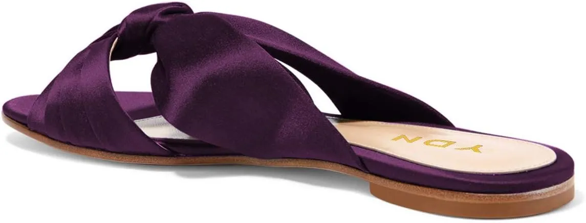 YDN Women Comfortable Cross Strap Satin Slide Sandals Low Heel Backless Slip On Summer Walking Flat Slippers