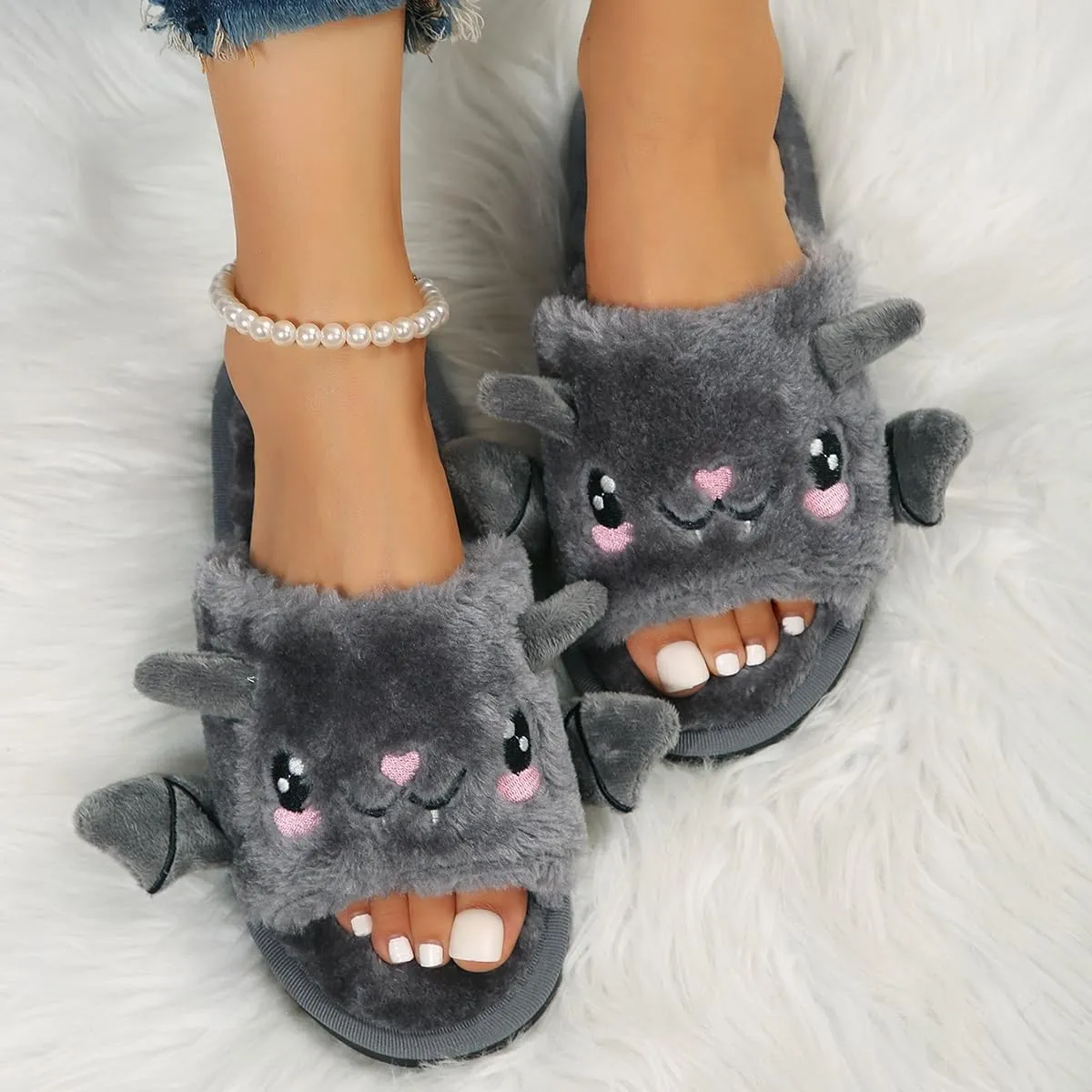 Zureto Halloween Pumpkin Slippers, Spooky Bat Slippers, Adults Fuzzy Slippers Soft Plush Cozy Open Toe Shoes