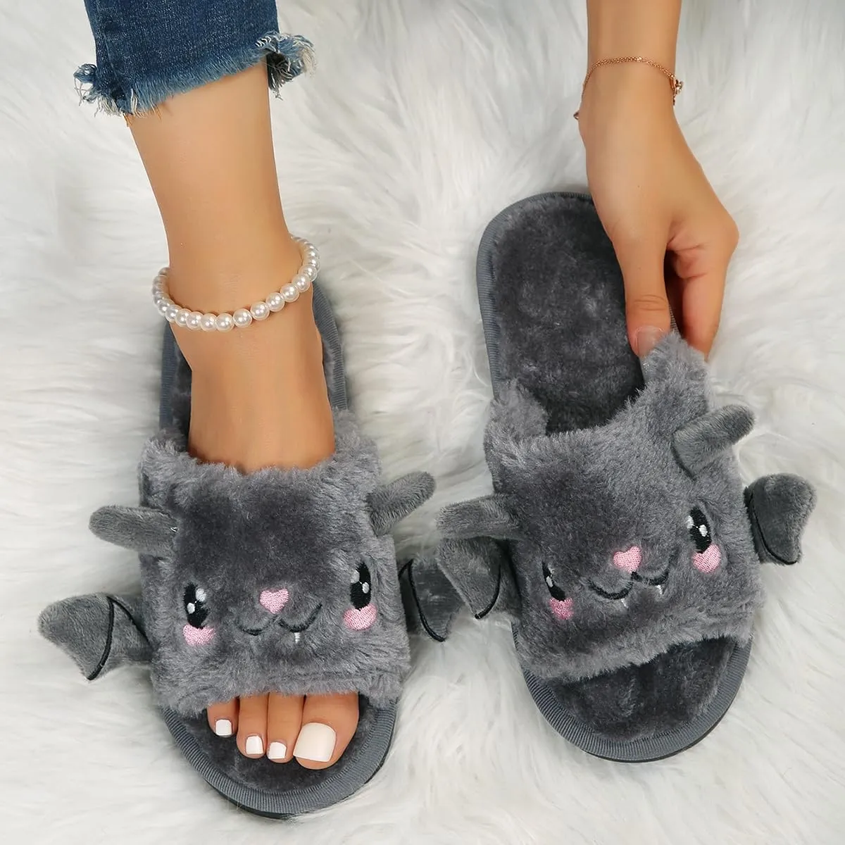 Zureto Halloween Pumpkin Slippers, Spooky Bat Slippers, Adults Fuzzy Slippers Soft Plush Cozy Open Toe Shoes